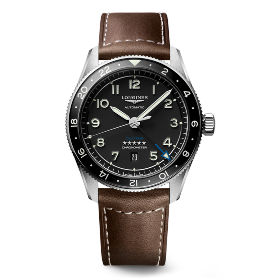 Longines Spirit Zulu Time 42mm Watch with Brown Leather Strap