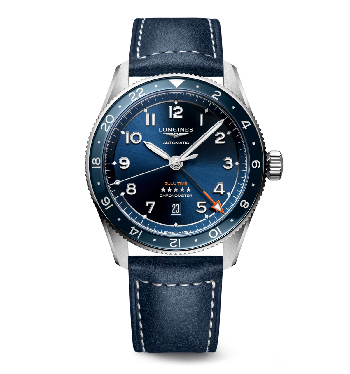 Longines Spirit Zulu Time 42mm Watch with Blue Leather Strap