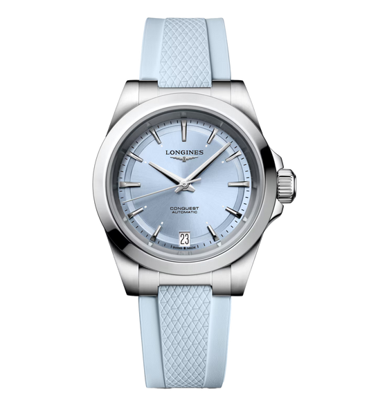 Longines Conquest 34mm Watch with Baby Blue Rubber Strap